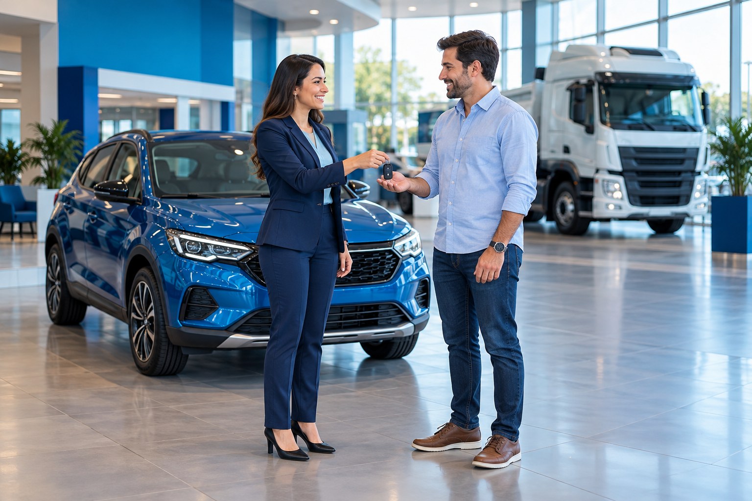 Cliente recebe a chave de um veículo diante de um carro e um caminhão