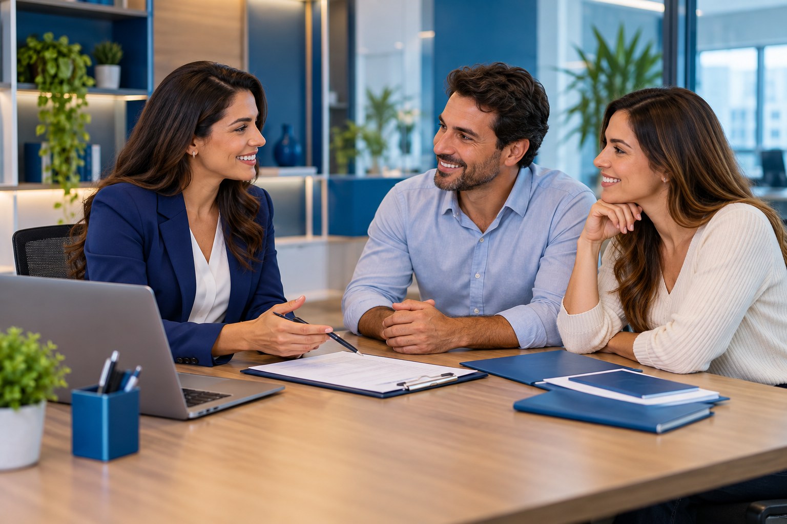 Consultora conversa com um casal em escritório