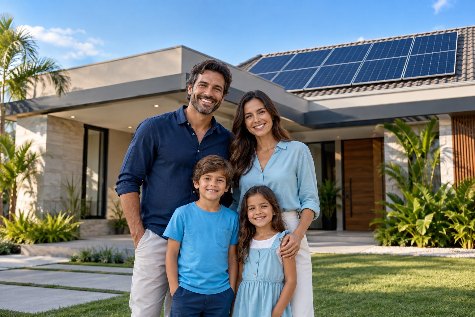 Família diante de uma casa com painéis solares no telhado